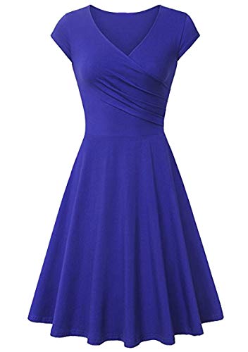 Yming Frauen Vintage Swing Cocktail Kleid Einfarbig Kleid Kurzarm Midikleid Blau XS von Yming