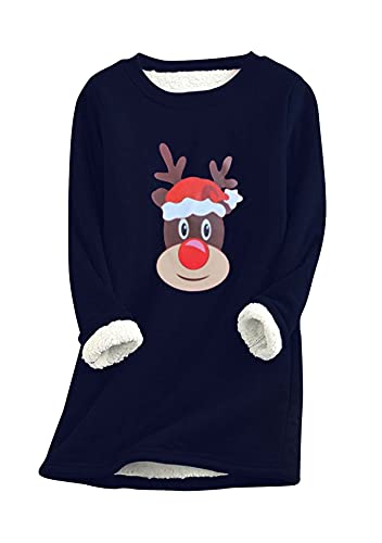 Yming Frauen Warm Langarm Pullover Mit Nachahmung Lammhaar Top Weihnachten Pullover Navy Blau 3XL von Yming