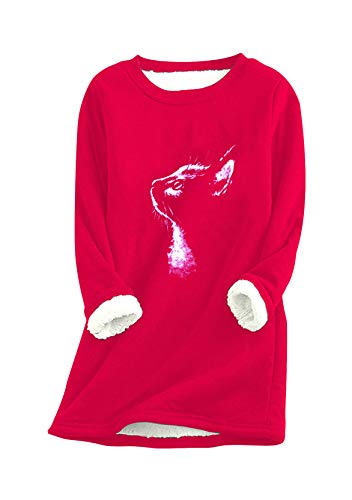 Yming Frauen Warmer Plüsch Pullover Katze Rundhals Pullover Langarm Oberteil Fleece Pullover M-Rot L von Yming