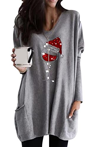 Yming Frauen Weihnachten Sweatshirt Plus Größe Weinglas Muster Pullover Lose Lässige Pullover Hellgrau 3XL von Yming