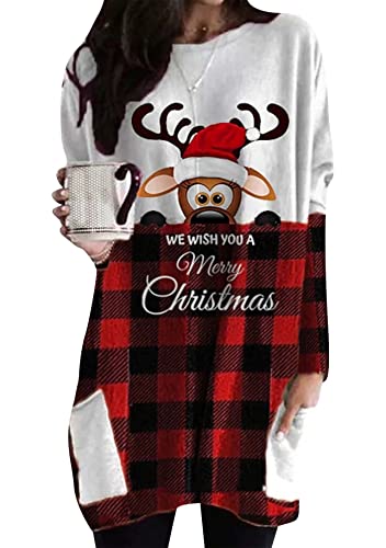 Yming Frauen Weihnachtspullover Holiday Sweatshirts mit Taschen Rundhalspullover Elch Weiß Kariert S von Yming