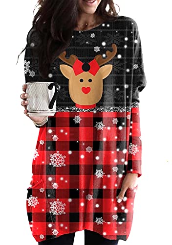 Yming Frauen Weihnachtspullover Taschen Rundhals Sweatshirts Langarm Pullover Elch Schwarz Kariert L von Yming