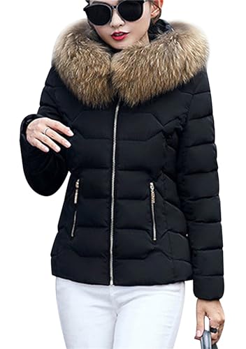 Yming Frauen Winter Casual Slim Warm Hoodied Outerwear With Fur Jacket Daunenmantel Schwarz S von Yming
