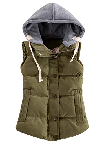 Yming Frauen Winter Gilet Gilted Zip Vest mit Kapuze Lässige Knopfweste Armeegrün L von Yming