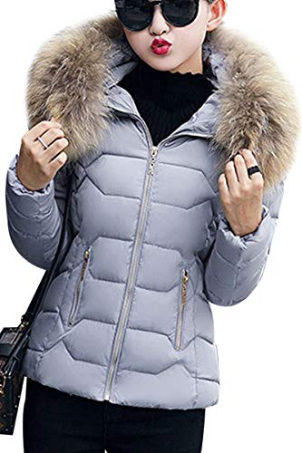 Yming Frauen Winter Steppjacke Skijacke Warm Parka mit Kunstpelz Kapuze Grau-B S von Yming