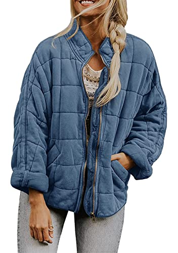 Yming Frauen Winter gesteppter Reißverschluss Stand-up Kragen Jacke Winter gesteppter Mantel Baumwolle-gepolsterte Casual Prägung Lose Jacke Blau Grau S von Yming