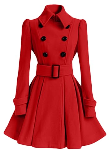 Yming Damen Winter Langarm Outwear Tunika Swing Peacoat Elegante Zweireiher Langmantel Casual Belted Wolljacke Rot S von Yming