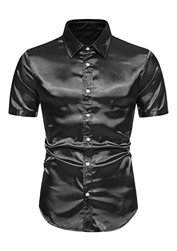 Yming Glänzendes Herrenhemd In Reiner Farbe Party Prom Satin Oberteile Kurzarm Knopfleistenhemd Schwarz XL von Yming