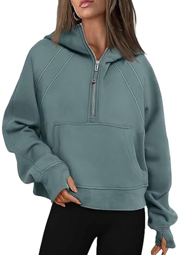 Yming Half Zip Cropped Hoodie für Frauen Stehkragen Pullover mit Kapuze Warme Fleece Daumenloch Tops Grün S von Yming