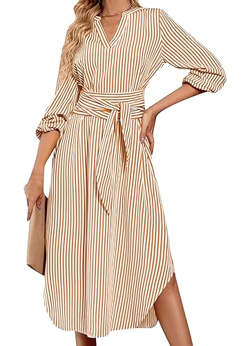 Yming Herbst Langarm V-Ausschnitt Gestreiftes Kleid Taillenbindung Casual Arbeitskleid Rüsche Plissee Midi Kleider Gelb XL von Yming
