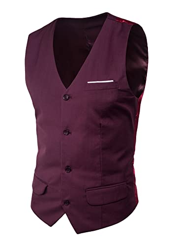 Yming Herren Anzugswesten Slim Fit Wedding Business Vests Casual Dress V Neck Weste Weste Einfarbige Weste Dunkelrot XL von Yming