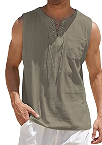 Yming Herren Baumwolle Leinen Tank Tops Lässige Atmungsaktive Shirts Ärmellose Lace Up Tank Beach Fashion Tops Kamel 4XL von Yming