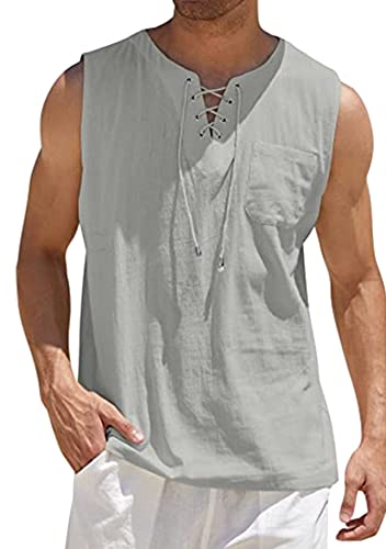 Yming Herren Beiläufiges Lockeres T Shirt Ärmelloses Strand T Shirt Geschnürtes Baumwoll Leinenhemd Standkragen Taschen T Shirts Hellgrau XL von Yming