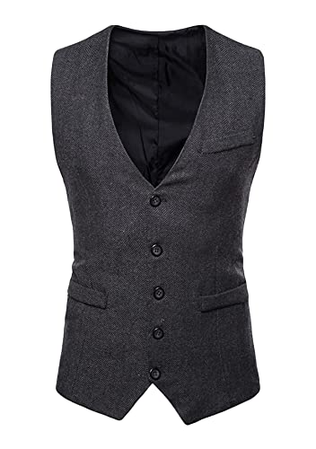 Yming Herren Business Tweed Anzug Weste Regular Fit V Hals Weste Ärmellos Herringbone Waistcoat Schwarzer Knopf L von Yming