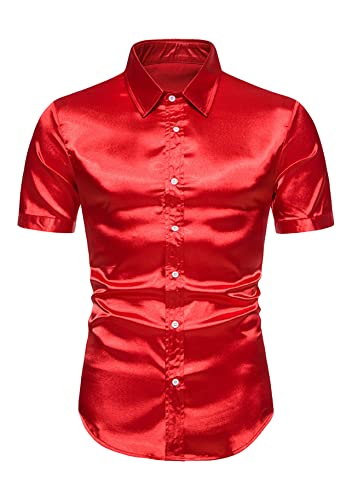 Yming Herren Kurzarm Hemden Festes Farbe Revers Hemd Glänzend Button Down Hemden Rot S von Yming