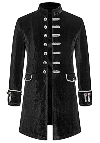 Yming Herren Mittelalterlicher Steampunk Samt Frack Viktorianische Gothic Jacke Kutte Gothic Stehkragen Mantel Vintage Halloween Mantel Samt Schwarz XXL von Yming
