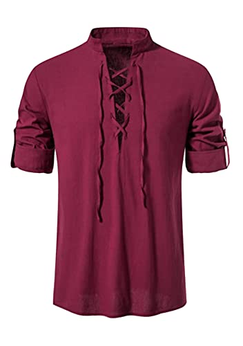 Yming Herren Retro Baumwolle Leinenhemd 3/4 Ärmel Mittelalter Hemd Kordelzug Freizeithemd Plus Size Renaissance Tops Rotwein L von Yming