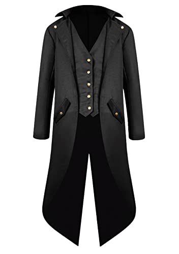 Yming Herren Retro Renaissance Gothic Steampunk Frack Jacke Mittelalterlich Viktorianisch Bestickter Vintage Halloween Mantel Rein Schwarz XXL von Yming