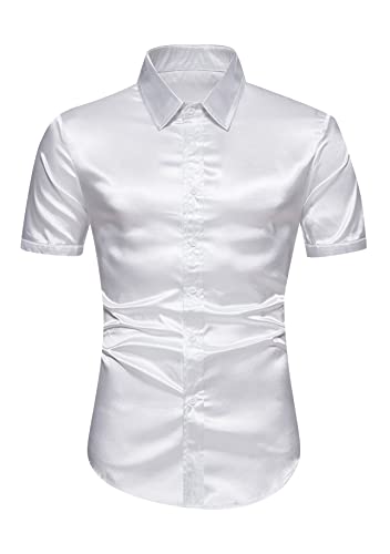 Yming Herren Revers Glänzendes Satinhemd Seide Kurzarm Button Down Hemden Hochzeit Party Prom Hemd Weiß S von Yming