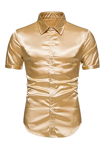 Yming Herren Seide Glänzend Satin Hemd Revers Kurzarm Knopf Hemd Casual Slim Fit Hemden Gelb XXL von Yming