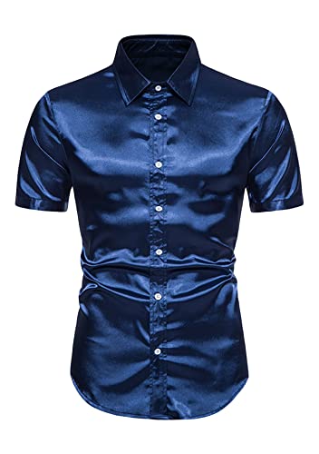 Yming Herren Sommer Shiny Shirts Kurzarm Seidensatin Hemd Casual Button Down Hemd Marineblau XXL von Yming