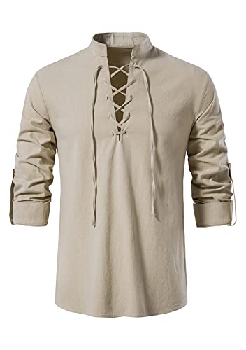 Yming Herren Steampunk Mittelalter Hemden Gothic Vampir Hemd Stehkragen Oberteile Piraten Viktorianisch Renaissance Hemd Khaki L von Yming