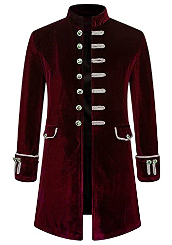 Yming Herren Steampunk Samt Frack Jacke Vintage Gothic Viktorianisch Einreiher Kutte Mantel Uniform Halloween Cosplay Kostüm Samt Red M von Yming