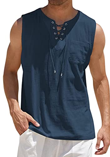 Yming Herren Strand Casual Weste Ärmellos Lace Up T Shirt Baumwolle Leinen Mit Taschen Tank Comfy Oversized Tops Marineblau XL von Yming