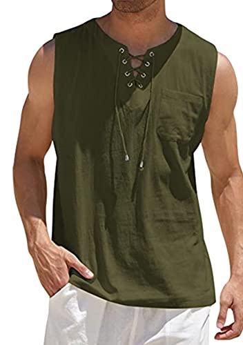 Yming Herren Strand Sommer Tank Tops Ärmellos Strand Tees Lässig Lose Tanks Mit Taschen Lace Up T Shirt Armeegrün 4XL von Yming