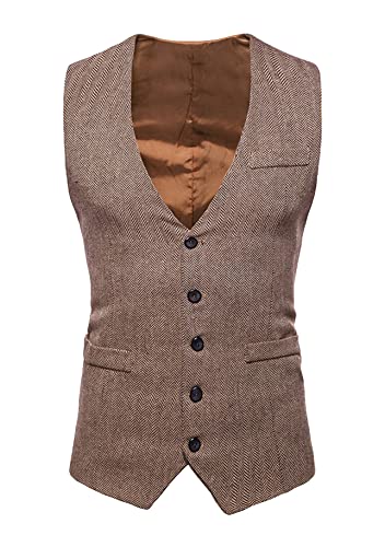 Yming Herren V Ausschnitt Tweed Anzug Weste Einreihige Weste Businessweste Für Hochzeit Partyweste Braun S von Yming