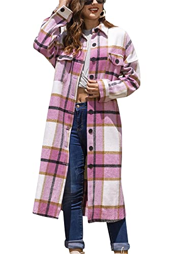 Yming Frauen Kariert Lose Vintage Lange Cardigan Side Schlitz Holzfäller Langarm Casual Shirt Rosa 2XL von Yming