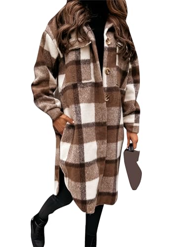 Yming Karierte Shacket Jacke Für Damen Langarm Strickjacke Winter Flanell Reversknopf Mantel Mit Tasche Kaffee L von Yming