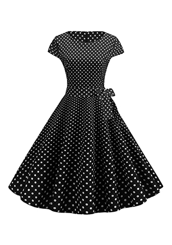 Yming Kurzärmelige Frauenkleider Swing Polka Dot Abschlussball-Kleid Party Audrey Hepburn Kleid Vintage Cocktailkleid Mit Gürtel Schwarz XS von Yming
