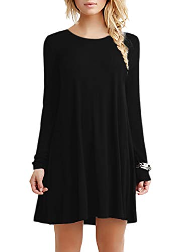 Yming Frauen Langarm Rundhalsausschnitt Kleid Einfarbig Swing Saum Kleid Lose Casual Tunika Tops T-Shirt Kleid Schwarz XS von Yming