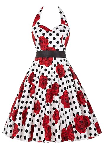 Yming Lady Swing Off Shoulder Elegantes Kleid Wave Saum Vintage Polka Dot Kleid Cocktail Fliege Träger Low Cut Kleid Weiße Rose M von Yming