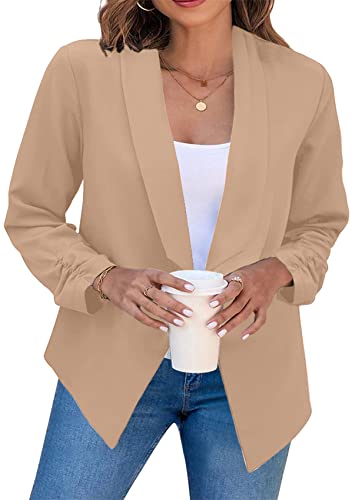 Yming Damen Eleganter Blazer Büro Geschäft Jacke Geraffte Ärmel Einfarbige Jacke Helles Khaki S Yming Damen Eleganter Blazer Büro Geschäft Jacke Geraffte Ärmel Einfarbige Jacke Helles Khaki S von Yming