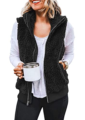 Yming Lässige Damenjacke mit Reißverschluss Weste Outwear warme wendbare Sherpa-Weste Schwarz XXL von Yming