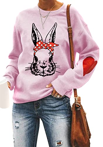 Yming Lässige Hasenmuster Sweatshirts Für Frauen Rundhalsausschnitt Pullover Langarm Sweatshirts Rosa M von Yming