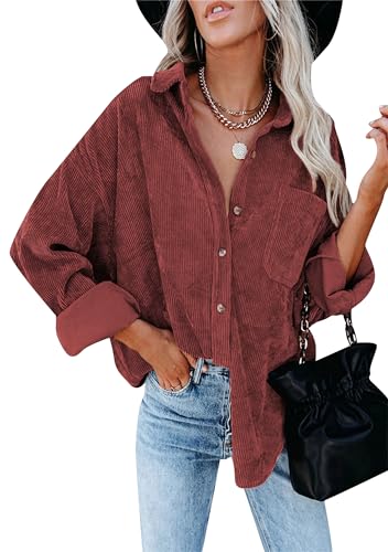 Yming Damen Casual Shirts Langarm Revers Bluse mit Taschen Cord Bluse Weinrot XL Yming Damen Casual Shirts Langarm Revers Bluse mit Taschen Cord Bluse Weinrot XL von Yming
