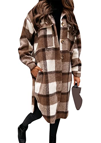 Yming Karierte Freizeitjacke Für Damen Übergröße Tartan Mit Taschenrevers Vintage Flanellbluse Kaffee XXL von Yming