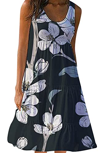 Yming Lässiges Kleid Mit Blumendruck Für Frauen Ärmelloses Kleid Mit Rundhalsausschnitt Weites Strandkleid Für Den Sommer Weiße Floral L von Yming
