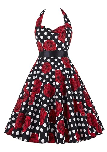 Yming Damen Abend Polka Dot Kleid Elegante Cocktailkleider Cocktail Swing A Linie Kleider Ärmelloses Schwarz Rose M von Yming