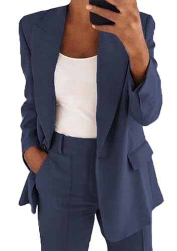 Yming Langarm Open Front Cardigan Blazer für Frauen Leichter Casual Solid 2PCS Büro Revers Business Anzug Marineblau M von Yming