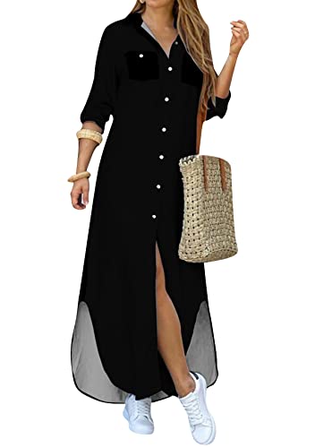 Yming Langes Maxi T Shirt Für Damen Lockeres Geknöpftes Langärmliges Geteiltes Kleid Schwarz XL von Yming