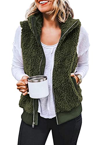 Yming Leichte wendbare Sherpa-Weste für Damen Fuzzy-Fleece ärmellose Strickjacke Armeegrün S von Yming