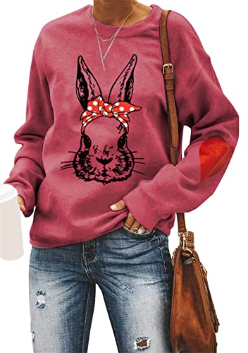 Yming Leichtes Damen Pullover Langarm Ostern Sweatshirt Lässiges Kaninchen Sweatshirt Rot Schwarz XXL von Yming