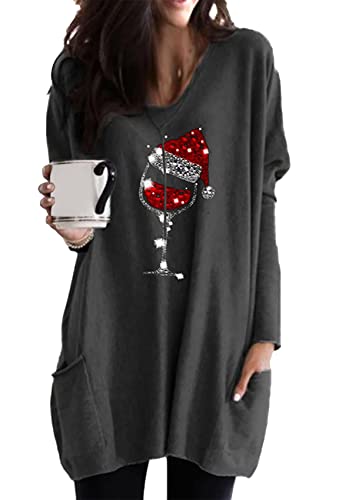 Yming Leichtes Pulloverkleid Für Damen Lässiger Pullover Mit Taschen Weinglasdruck Sweatshirt Grau 3XL von Yming