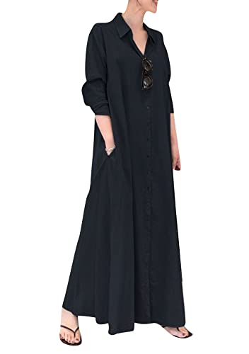 Yming Leinenkleider Für Frauen Maxi Shirt Kleider Lang Plus Größe Boho Shirt Kleider Oversize Kaftan Kleider Marineblau M von Yming