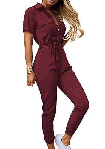 Yming Lose Damen Jumpsuit Mit Taschen Plus Size Overalls Mit Gürtel Kurzarm Vintage Sommer Romper Overalls Rotwein M Yming Lose Damen Jumpsuit Mit Taschen Plus Size Overalls Mit Gürtel Kurzarm Vintage Sommer Romper Overalls Rotwein M von Yming