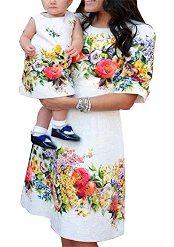 Yming Mädchen Freizeitkleid Hohe Taille Kleid Rundhals Familiekleid Knielang Strandkleid Blumen Weiß 6-7 Jahre von Yming